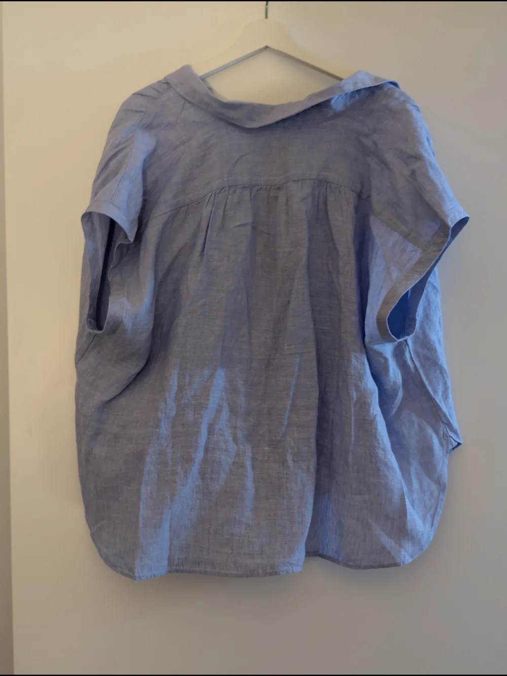J Crew Blue Linen Split-Neck Cap-Sleeve Top